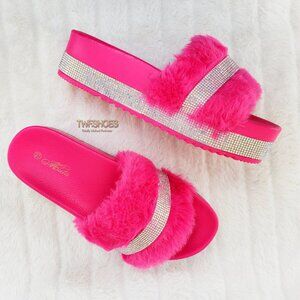Hot Pink Comfy Furry Rhinestone platform sandals 👡 😍 Slippers